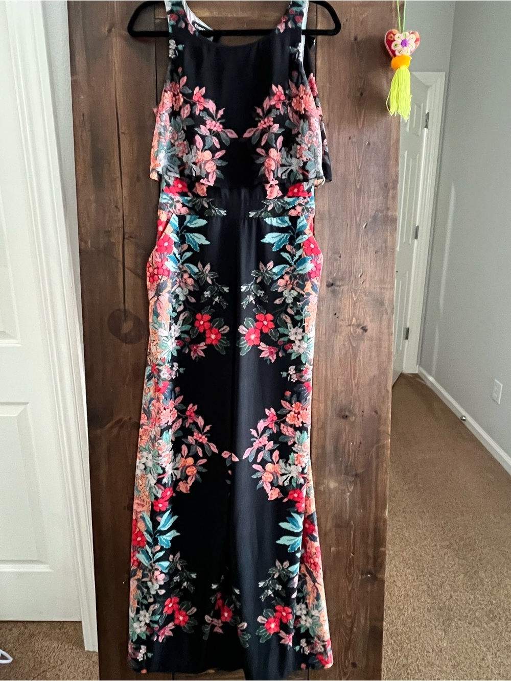 bebe Black Jumpsuit with Pink & Teal Floral Embroidery